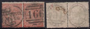 GB 1862 - 64 QV Joint Pair 4d SG 80 used stamps (B+J+C+J) ( C120 )