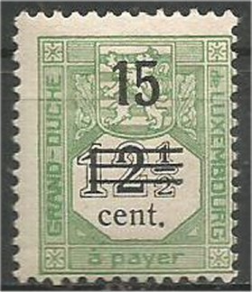 LUXEMBOURG, 1920, MH 15c on 12 1/2c, Surcharged Scott J8