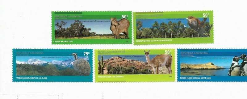 ARGENTINA 2003 NATIONAL PARKS PENGUINS BIRDS LAMA FAUNA SET OF 5 VALUES MNH 