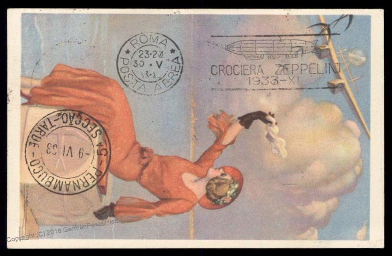 Tripolitania 1933 Libya Italy 10L Graf Zeppelin Rome 2nd SAF Brazil Cover 91878