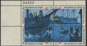 Scott # 1483a 1973 8c multi Litho& Boston Tea
Party ; TAGGED Plate Block - Up...