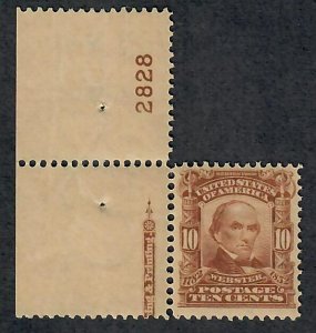 $US Sc#307 M/NH/F-VF+, partial imprint+Plate#, Cv. $150