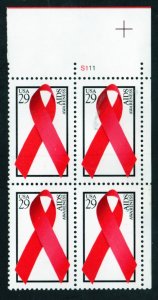 SC# 2806 - (29c) - Aids Awareness, MNH - Plate Block/4 - UR # S111