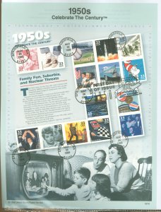 US SP1257F/3187 1999 Celebrate the Century (THe 1950's) pane of fifteen 33c stamps on official USPS souvenir page FDC, #...