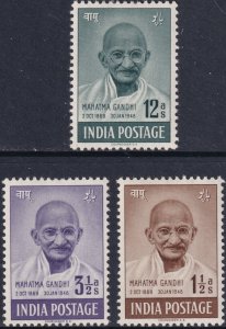 India Sc# 203 204 205 Mahatma Ghandi 1948 short set MMH CV $57.50