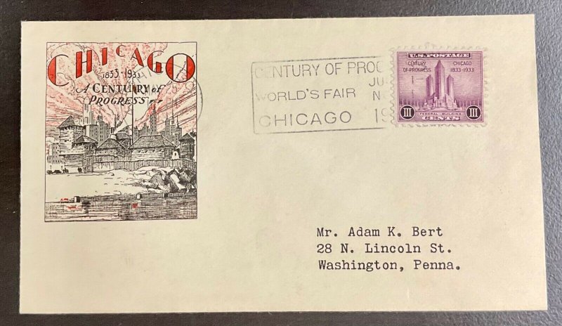 729 Adam K. Bert Cachet 1933 Chicago Century of Progress FDC 2B