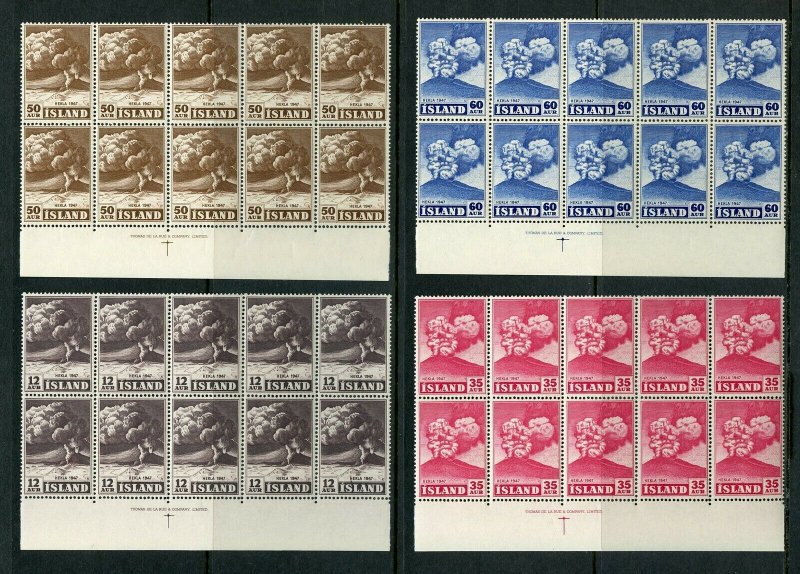 ICELAND 1948 HEKLA VOLCANOE STRIPS OF TEN SCOTT#248/52 MINT NEVER HINGED 