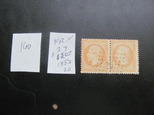 FRANCE 1862 USED SC 27 PAIR   VF $15   (160)