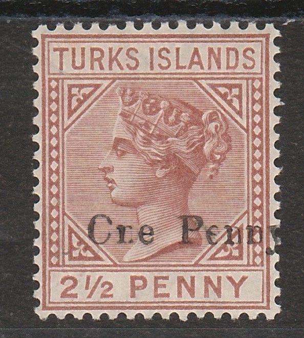 TURKS ISLANDS 1889 QV ONE PENNY ON 21/2D VARIETY C FOR O 