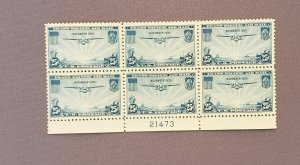 C20, Air Mail, Mint Plate Block of 6, gum skips and crease on back (see photo)