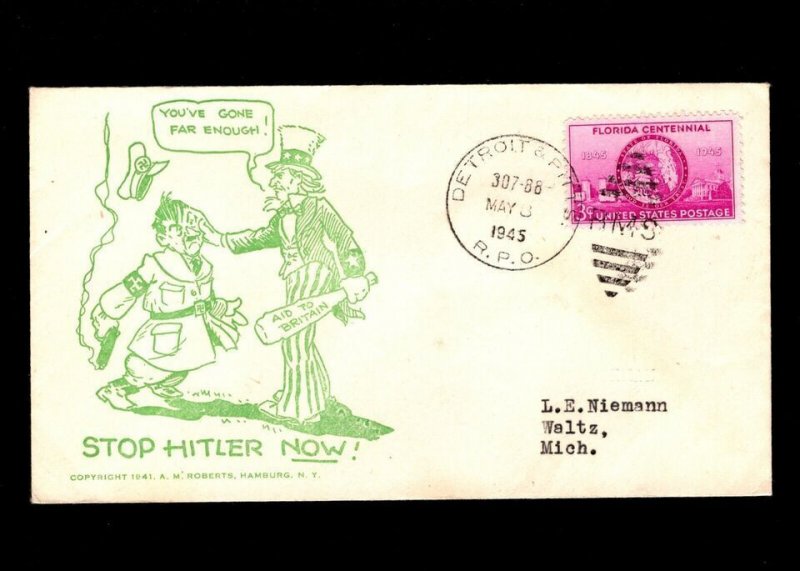 USA WWII Patriotic Hitler Uncle Sam Stop Hitler VE DAY RPO 5.8.45 Cover 5c