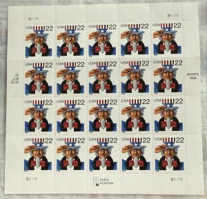 US 1998 22c Uncle Sam #3259 pane of 20 mint