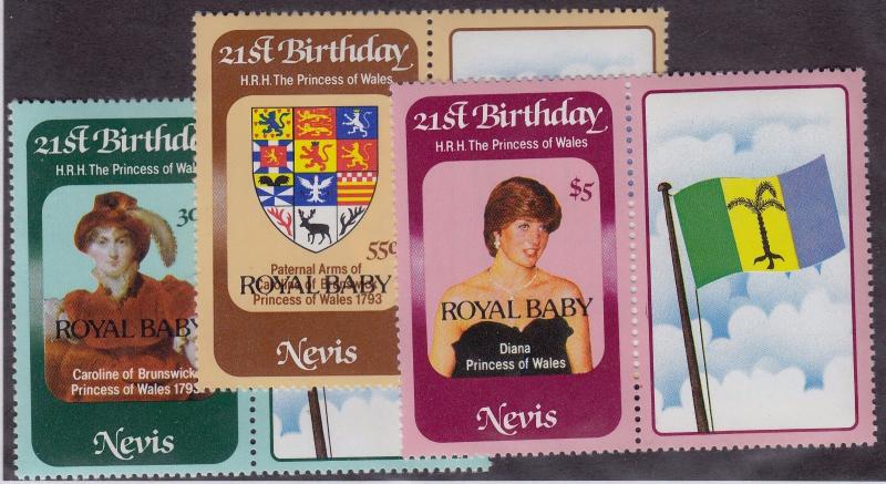 NEVIS MNH Scott # 153-155 Royal Baby - pairs (3 Stamps & 3 Labels)