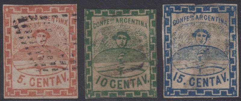 ARGENTINA 1858 CONFEDERATION Sc 1-3 FULL SET VERY CRUDE FORGERIES USED (CV$380) 