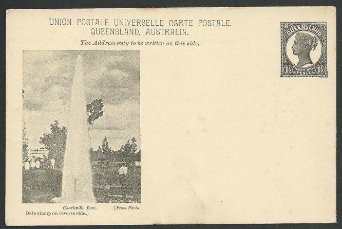 QUEENSLAND QV 1½d pictorial postcard CHARLEVILLE BORE unused...............59985