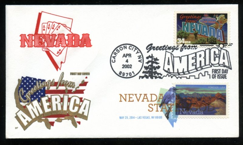 US 3588,4907 Greetings Nevada & 150th Anniv statehood UA Farnam cachet dual FDC
