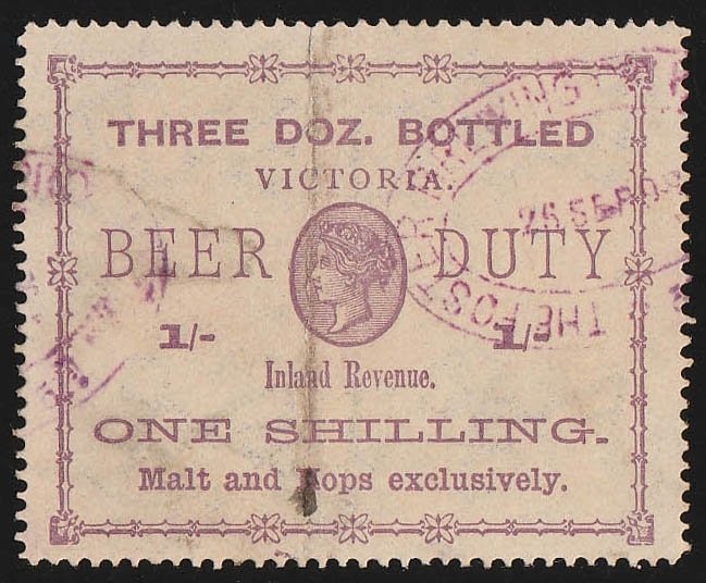 VICTORIA Beer Duty 1895 QV 1/- lilac Malt & Hops exclusively 3 Doz Bottled.