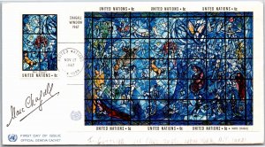 UNITED NATIONS MARC CHAGALL STAINED WINDOW MURAL SHEET W/ ADDT'L POSTAGE SIGNED