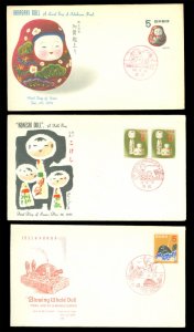 JAPAN 1954 -1955 -1956  NEW YEAR  FDCs  5yen -  Tumbler, Doll, Toy Whale - VF