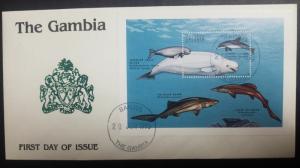 O) 1995 GAMBIA, MARINE LIFE-DOLPHIN-FALSE CAT SHRK-SIX GILLED, FDC XF, 