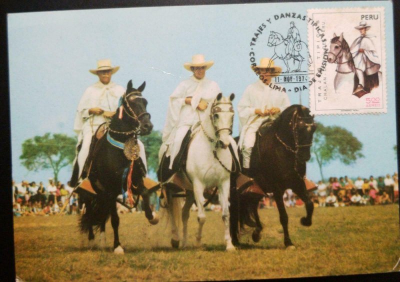 A) 1974, Perú, caballos, trajes y danzas típicas, FDC 