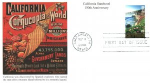 US FIRST DAY COVER CALIFORNIA CORNUCOPIA WORLD CACHET BY MYSTIC STATEHOOD 2002