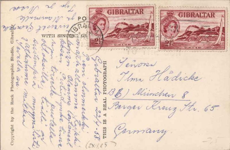 Gibraltar 2 1/2d QEII Sailing in the Bay (2) 1958 Gibraltar PPC to Munich, Ge...