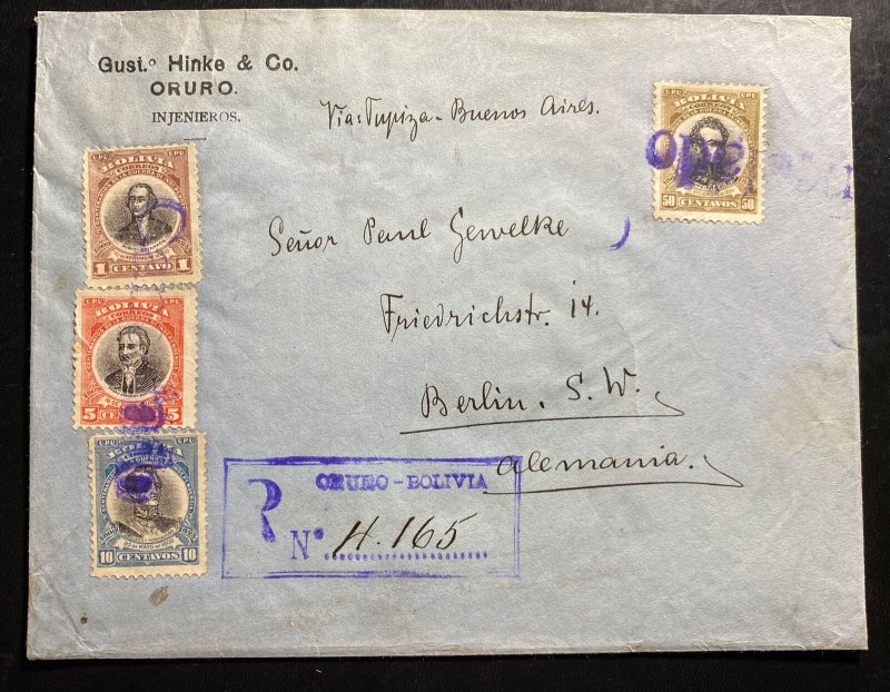 1910 Oruro Bolivia Registered Cover To Berlin Germany Via Buenos Aires