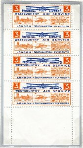 GB AVIATION Air Mail Stamp 1933 3d *West Country* PANE/Strip{4} Mint MNH EP434 