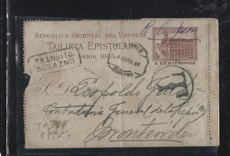 URUGUAY (P0105B)  1884 3C LETTER CARD TAXED TO MONTEVIDEO