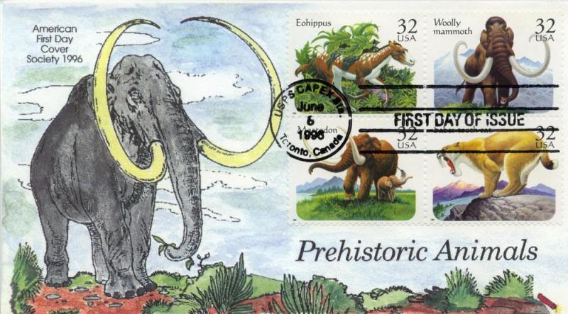 1996 Prehistoric Animals (3077-80) Blk of 4 Dynamite HC FDC