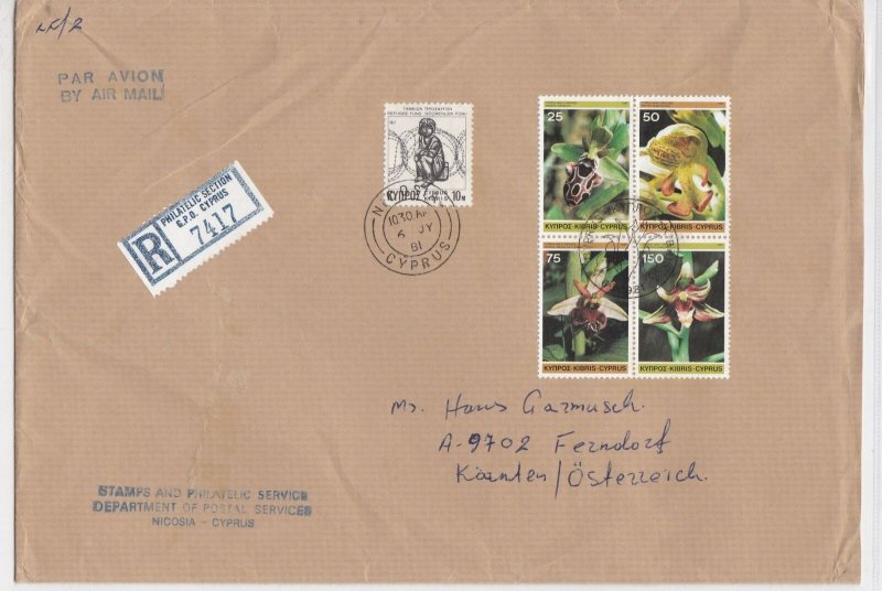 Cyprus 1981 Flower Cancel Regd Airmail Mixed Orchids Stamps Lge Cover Ref 30535