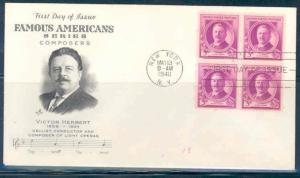 UNITED STATES 1940 3c VICTOR HERBERT  BLOCK  ARTCRAFT UNADDRESSED FDC