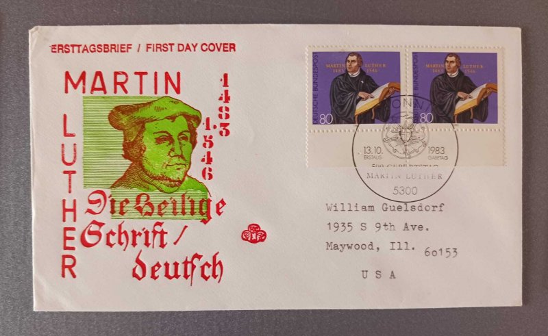 O) 1983 GERMANY, MARTIN LUTHER, ENGRAVING BY G. KONIG, CIRCULATED TO USA