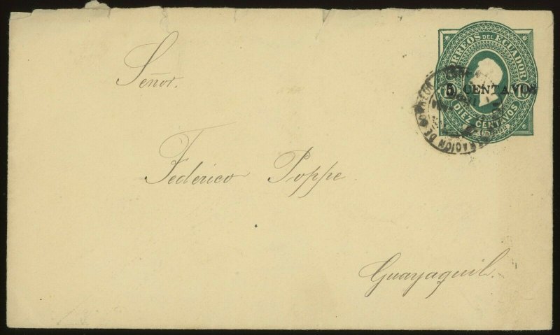 Ecuador 1893, 5c on 10c. Stationery Envelope Cover