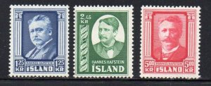 Iceland Sc 284-286 1954 Hafstein stamp set mint