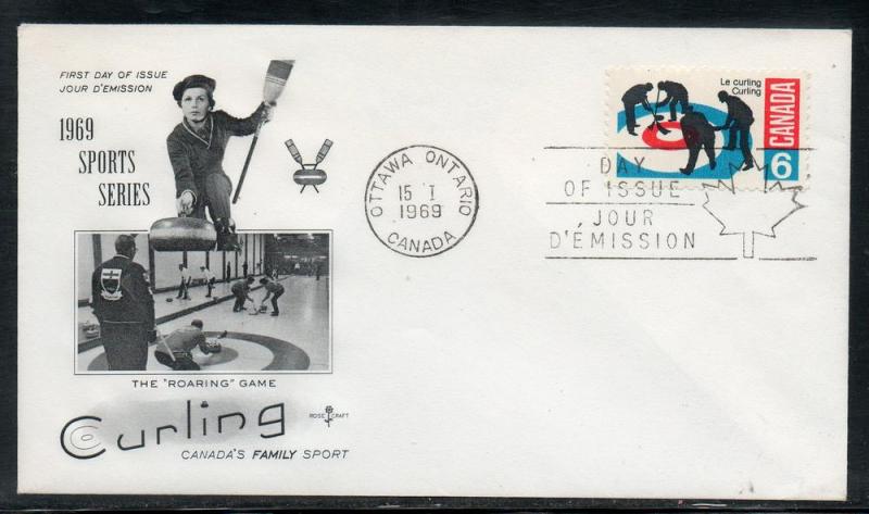 Canada #490 Curling FDC Rose Craft unaddr C749