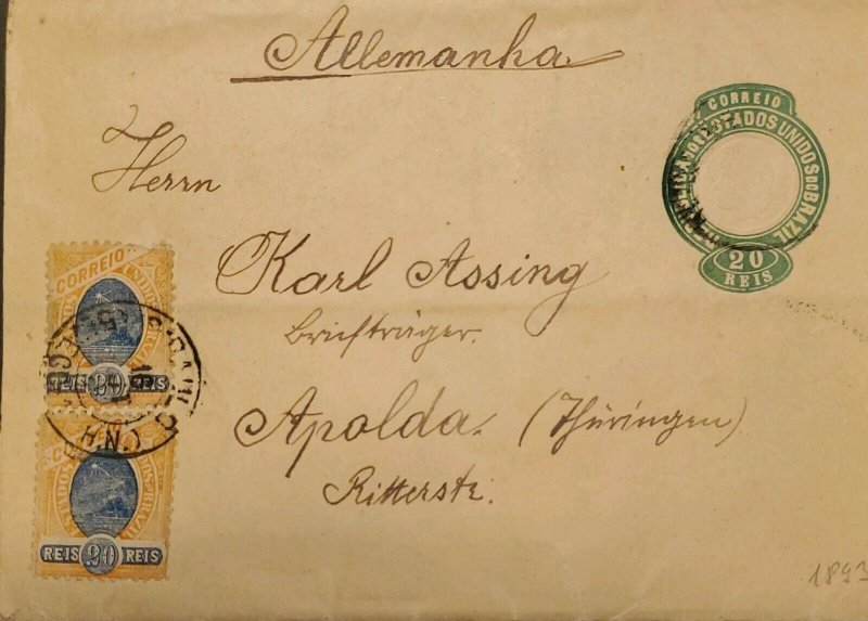 A) 1893, BRAZIL, POSTAL STATIONARY, SAO PAULO TO GERMANY, BREAD OF SUGAR STAMP