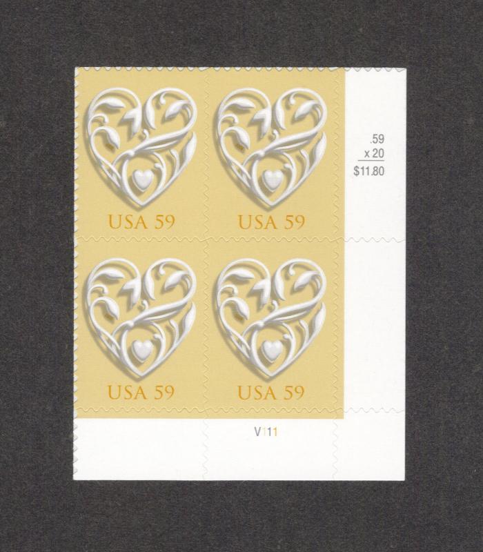 TheStampNut > Scott# 4272 WEDDING HEART PLATE BLOCK (4) MNH