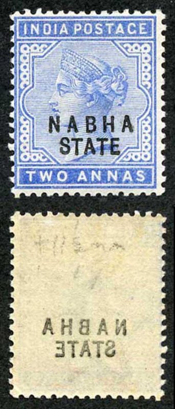 ICS NABHA SG20var 2a Ultramarine showing overprint offsets on the reverse 