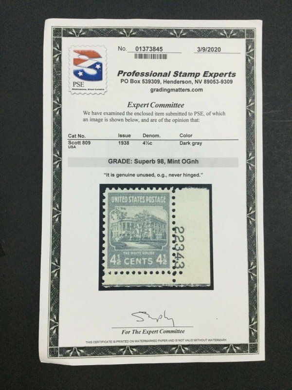 MOMEN: US STAMPS #809 MINT OG NH PSE GRADED CERT SUP-98 LOT #72746