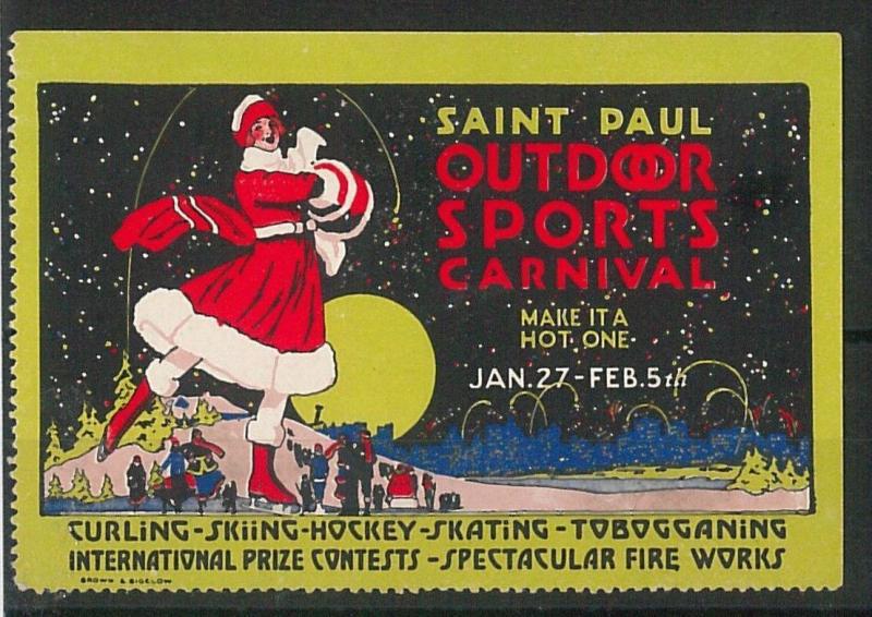 VINTAGE  POSTER STAMP Label - St Paul winter carnival: CURLING , HOCKEY, SKATING