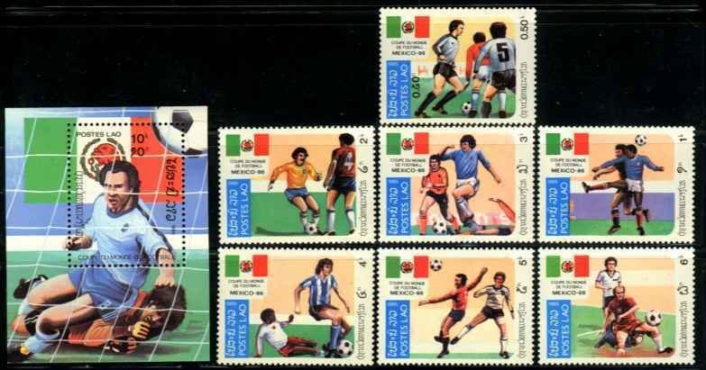 Laos MNH Set + S/S Sc 612-19 Soccer Mexico 1985