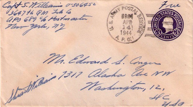 United States A.P.O.'s 3c Washington Circular Die Envelope 1944 U.S. Army Pos...