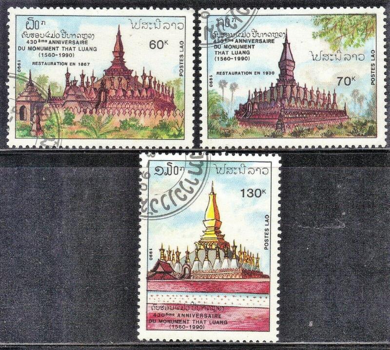 LAOS STAMPS SC# 980-82  *CTO* 1990   THAT LUANG TEMPLE   SEE SCAN