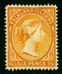 FALKLAND ISLANDS  1896  VICTORIA  6p yellow  Scott # 16  MINT MH  VF+