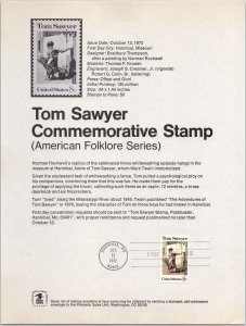 USPS SOUVENIR PAGE TOM SAWYER COMMEMORATIVE AMERICAN FOLKLORE SERIES 1972