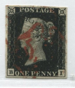 1840 Penny Black BI Plate 7 with 4 good to mostly large even margins