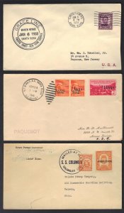 US CANAL ZONE 1930s THREE PAQUEBOT POSTED ON THE HIGH SEAS COVERS SS COLUMBIA