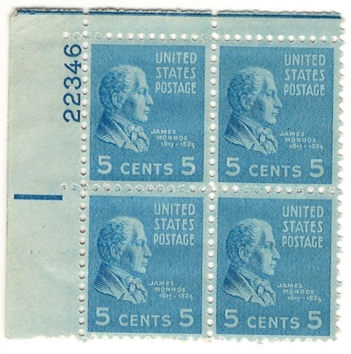 #810 – 1938 5c Monroe, bright blue – MNH OG Plate Block of 4